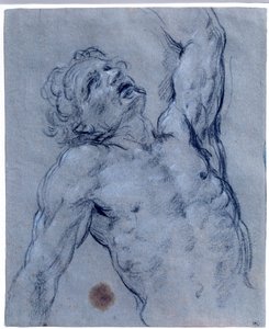 Półpostać nagiego mężczyzny, odwraca się, udając cierpienie Rysunek z czarnego kamienia autorstwa Guido Reni pt. Przewodnik (1573-1642). Słońce 0,26x0,21 m Paryż, musee du Louvre autorstwa Guido Reni