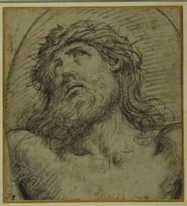 Głowa i ramiona żyjącego Chrystusa ukrzyżowanego (czarna kreda na carta azzurra) autorstwa Guido Reni