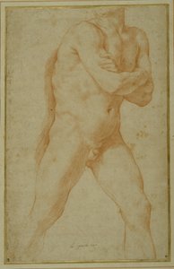 Nagi mężczyzna kroczy naprzód, z założonymi rękami i patrząc przez prawe ramię (czerwona kreda na kremowym papierze) autorstwa Guido Reni