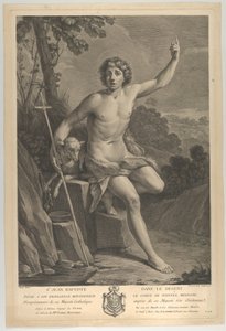 Św. Jan Chrzciciel na pustyni, siedzący na skale i skierowany w górę lewą k..., 1770 autorstwa Guido Reni