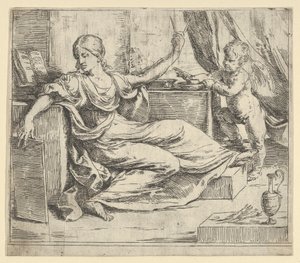 Siedząca kobieta trzymająca tabliczkę i kompas alegoria nauki, skrzydlate putto..., ca. 1600-1640. autorstwa Guido Reni