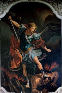 Archanioł Święty Michał Terrassing the Dragon Malarstwo autorstwa VM De Girolamo (XX wiek) według Guido Reniego. 1957 autorstwa Guido Reni