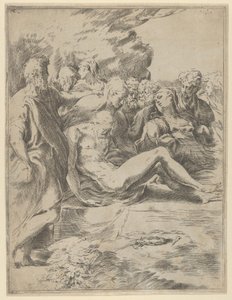 Złożenie do grobu, Chrystus z wyciągniętymi nogami, Dziewica po prawej, 1590-1600. autorstwa Guido Reni