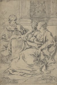 Święta Rodzina siedząca razem przed kolumnadą, czytanie św. Józefa i... ok. godz. 1590-1610. autorstwa Guido Reni
