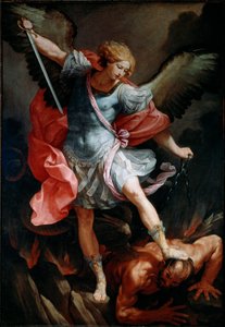 Archanioł Święty Michał miażdży głowę demona Jedwabny obraz Guido Reni zwanego Przewodnikiem