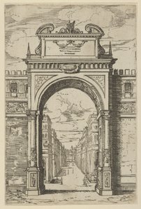 Łuk triumfalny zwieńczony posągiem Mojżesza, budynki widziane przez łuk poniżej, t..., 1598. autorstwa Guido Reni