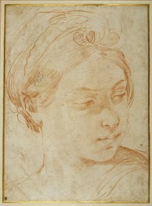 Głowa młodej kobiety, odwrócona, by spojrzeć przez lewe ramię (czerwona kreda na białym papierze) autorstwa Guido Reni
