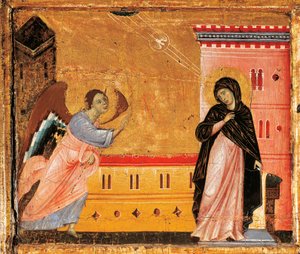 Zwiastowanie, fragment z Antependium św. Piotra intronizowanego przez Guido da Siena (ok. 1250 -1300), tempera i złoto na drewnie autorstwa Guido da Siena