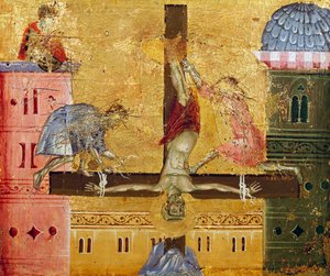Ukrzyżowanie św. Piotra, fragment z Paliotto św. Piotra na tronie, Guido da Siena (czynny ok. 1250 - 1300), malowany na drewnie.