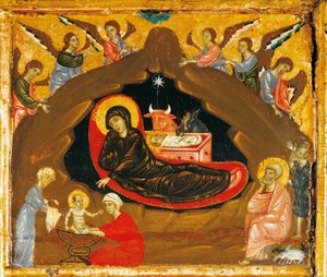 Szopka, fragment z Antependium św. Piotra intronizowanego przez Guido da Siena (ok. 1250 -1300), tempera i złoto na drewnie