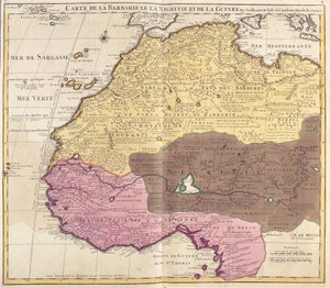 Mapa Barbarii (Maroko, Algieria, Tunezja, Libia), Nigritude (Mali, Burkina Faso, Niger) i Gwinei (Senegal, Gwinea, Sierra Leone, Liberia, Wybrzeże Kości Słoniowej, Ghana, Togo, Benin, Nigeria) (akwaforta