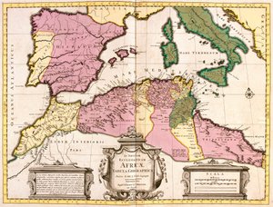 Mapa Afryki Północnej (Mauretania, Maroko, Algieria, Tunezja, Libia) i Europy (Hiszpania, Portugalia, Francja, Włochy, Grecja z Balearami, Sardynia, Korsyka i Sycylia) (akwaforta