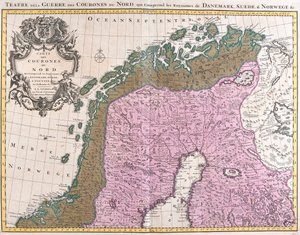 Mapa krajów nordyckich, królestw Danii, Szwecji i Norwegii (akwaforta