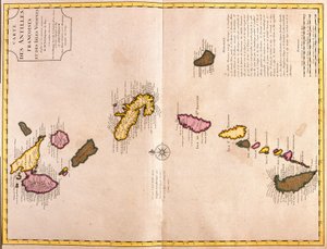 Mapy Wysp Karaibskich (Gwadelupa, Marie Galante, Dominika, Martynika, Saint Lucia, Saint Vincent, Barbados, Grenadyny i Grenada) (akwaforta autorstwa Guillaume Delisle