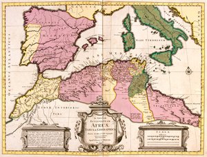 Maroko, północna Algieria, Tunezja, północno-zachodnia Libia, Hiszpania, Portugalia, Włochy (z wyjątkiem północy) autorstwa Guillaume Delisle