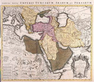 Południowa Słowacja, Słowenia, Chorwacja, Węgry, Rumunia, Mołdawia, południowa Ukraina, Bośnia i Hercegowina, Serbia i Czarnogóra, Bułgaria, Albania, Republika Macedonii, Grecja, Turcja, Gruzja, Armenia, Azerbejdżan, Iran, Cypr, Syria, Irak, wschodnia Libi autorstwa Guillaume Delisle