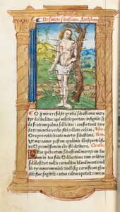 Drukowana księga godzin (do użytku rzymskiego): fol. 102v, St. Sebastian autorstwa Guillaume Le Rouge