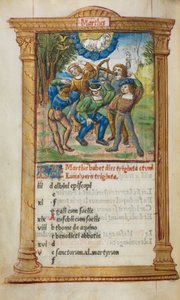 Drukowana księga godzin (do użytku rzymskiego): fol. 4v, ilustracja kalendarza marcowego autorstwa Guillaume Le Rouge