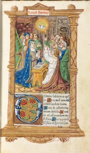 Drukowana księga godzin (do użytku rzymskiego): fol. 58r, Zesłanie Ducha Świętego autorstwa Guillaume Le Rouge