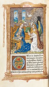 Drukowana księga godzin (do użytku rzymskiego): fol. 60v, Zwiastowanie autorstwa Guillaume Le Rouge