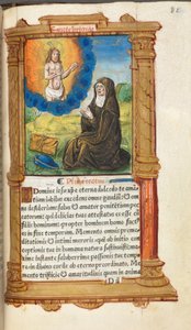 Drukowana księga godzin (do użytku rzymskiego): fol. 90r, św. Brygida modląca się przed objawieniem Chrystusa autorstwa Guillaume Le Rouge