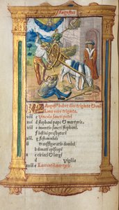 Drukowana księga godzin (użytek rzymski): fol. 9v, ilustracja kalendarza sierpniowego autorstwa Guillaume Le Rouge