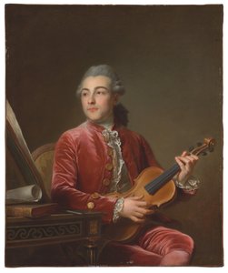 Portret dżentelmena, do połowy długości, siedzącego w czerwonym aksamitnym żakiecie ze skrzypcami (olej na płótnie) autorstwa Guillaume Voiriot