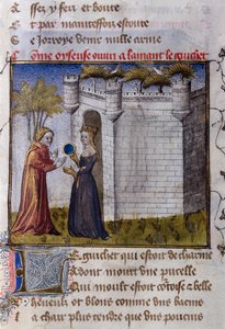 Wspaniała scena między dwojgiem kochanków: dziewczyna zaprasza swojego kochanka do wejścia. Miniatura z „Le Romanesque de la Rose” autorstwa Guillaume de Lorris