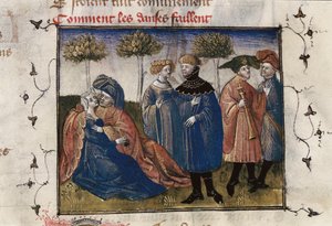 Waleczna scena dworzan, miniatura w „Roman de la Rose” Guillaume Lorris