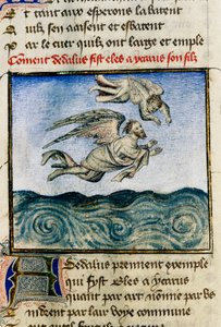 „„ Dedale i Icarus ”” (Icarus i Dedal) Aby uciec na Minos, Dedale popycha swojego syna Ikara, aby odleciał dzięki swoim woskowym skrzydłom. Miniatura Guillaume Lorris z rękopisu „Rzymka róży”
