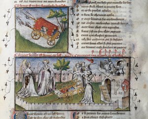 Jak Wenus przybywa i szturmuje zamek zbudowany z zazdrości, Miniatura Guillaume Lorris z rękopisu Le Romanesque de la Rose,