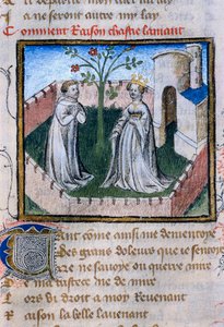 Przedstawienie pary zakochanych przy róży, miniatura w „Roman de la Rose”