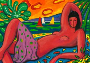 Naga na plaży, 2011 (gwasz na papierze) autorstwa Guillermo Martí Ceballos