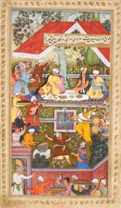 Uroczystości na cześć narodzin Humayuna w Chahar Bagh w Kabulu (Sur Gujarati), ok. 1590 (nieprzezroczysta akwarela) autorstwa Gujarati Sur