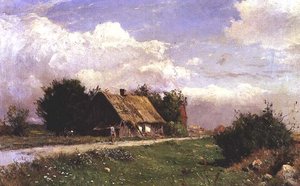 Zalesiony pejzaż z postaciami przy chacie autorstwa Gustaf Fredrik Rydberg