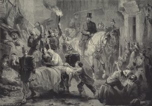 Ludwik Napoleon odwiedzający konno barykady Paryża w nocy 3 grudnia 1851 r