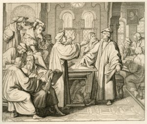 Luter i Ulrich Zwingli (1494-1531) dyskutują o sakramencie i nie mają porozumienia, w Marburgu 1529 autorstwa Gustav Ferdinand Leopold Konig