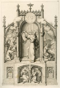 Luter nie chce udzielać odpustów, po lewej: Johann Tetzel (1465-1519) pali papiery Lutra, główny obraz: Luter wiesza swoje 95 tez na drzwiach kościoła w Wittenberdze, po prawej: studenci kl. płonie Uniwersytet w Wittenberdze autorstwa Gustav Ferdinand Leopold Konig