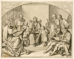 Wprowadzenie przez Lutra niemieckich protestanckich hymnów religijnych wraz ze swoimi dziećmi i przyjaciółmi pod przewodnictwem Johannesa Walthera (1496-1570) autorstwa Gustav Ferdinand Leopold Konig
