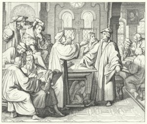 Marcin Luter omawia sakrament z Huldrychem Zwinglim (rycina) autorstwa Gustav Ferdinand Leopold Konig