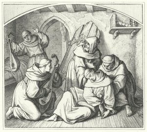 Marcin Luter mdleje z Biblią w ręku, a przyjaciele przywracają mu zmysły (rycina) autorstwa Gustav Ferdinand Leopold Konig