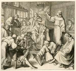 Marcin Luter w rozmowie z dr. Johannes Eck (Johann Maier von Eck) (1486-1543), po stronie Lutra znajduje się Philipp Melanchthon (1497-1560) i Karlstadt (Andreas Rudolf Bodenstein von Karlstadt autorstwa Gustav Ferdinand Leopold Konig