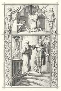 Marcin Luter w modlitwie, przygotowując się do sejmu robaczego (u góry). Georg von Frundsberg zachęca Marcina Lutra (na dole) (rycina) autorstwa Gustav Ferdinand Leopold Konig