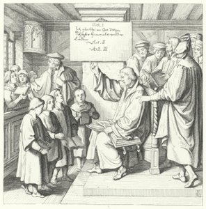Marcin Luter przedstawia katechizm uczniom (grafika) autorstwa Gustav Ferdinand Leopold Konig