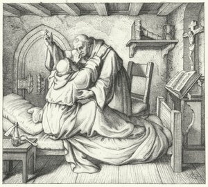 Marcin Luter jest pocieszany przez kolegę mnicha podczas jego duchowej udręki w klasztorze (rycina) autorstwa Gustav Ferdinand Leopold Konig