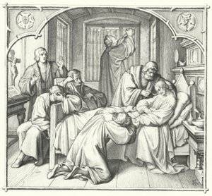 Marcin Luter modli się przy łożu śmierci Filipa Melanchtona (rycina) autorstwa Gustav Ferdinand Leopold Konig