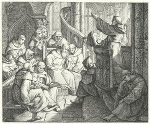 Marcin Luter przemawia do Johanna von Staupitz i innych mnichów w klasztorze (grafika)