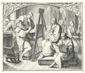 Marcin Luter siada do obrazu Lucasa Cranacha Starszego (grafika) autorstwa Gustav Ferdinand Leopold Konig