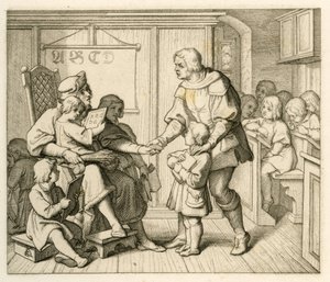 Na tej ilustracji zapis Marcina Lutra do szkoły w Mansfield wraz z ojcem Hansem autorstwa Gustav Ferdinand Leopold Konig