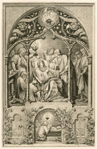 Śmierć Marcina Lutra, dwaj synowie Lutra klęczący przed ojcem, dr Justus Jonas wypowiada ostatnie słowa, za nimi modlący się Michael Coelius, Johannes Aurifaber ze świecznikiem, lekarz Simon Wild z lekarstwami i po prawej hrabia Albr. autorstwa Gustav Ferdinand Leopold Konig